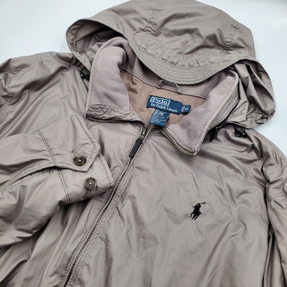 Polo Ralph Lauren Mens XL Taupe Grey Hooded Full Zip Jacket Pony Logo Polyester